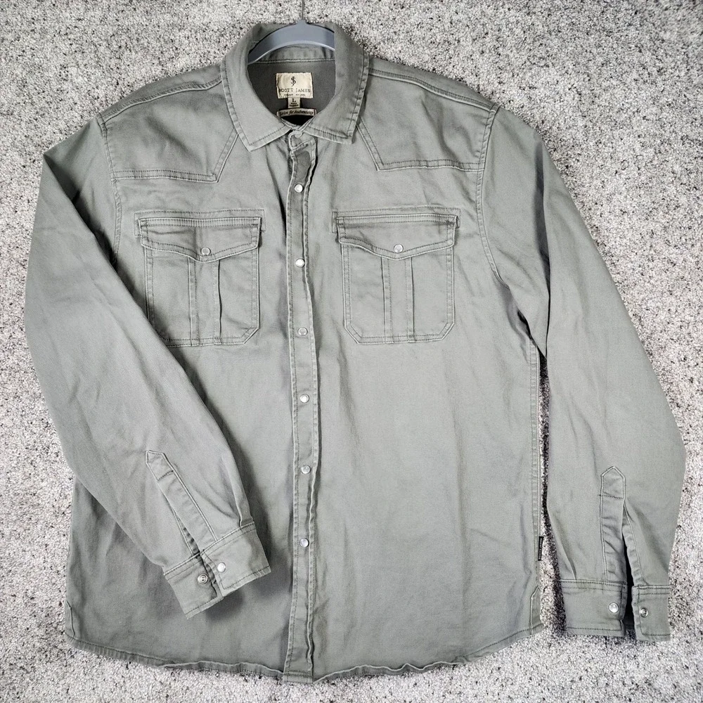 Scott James Western Pearl Snap Shirt Mens Large Olive Green/Grey Cotton Stretch